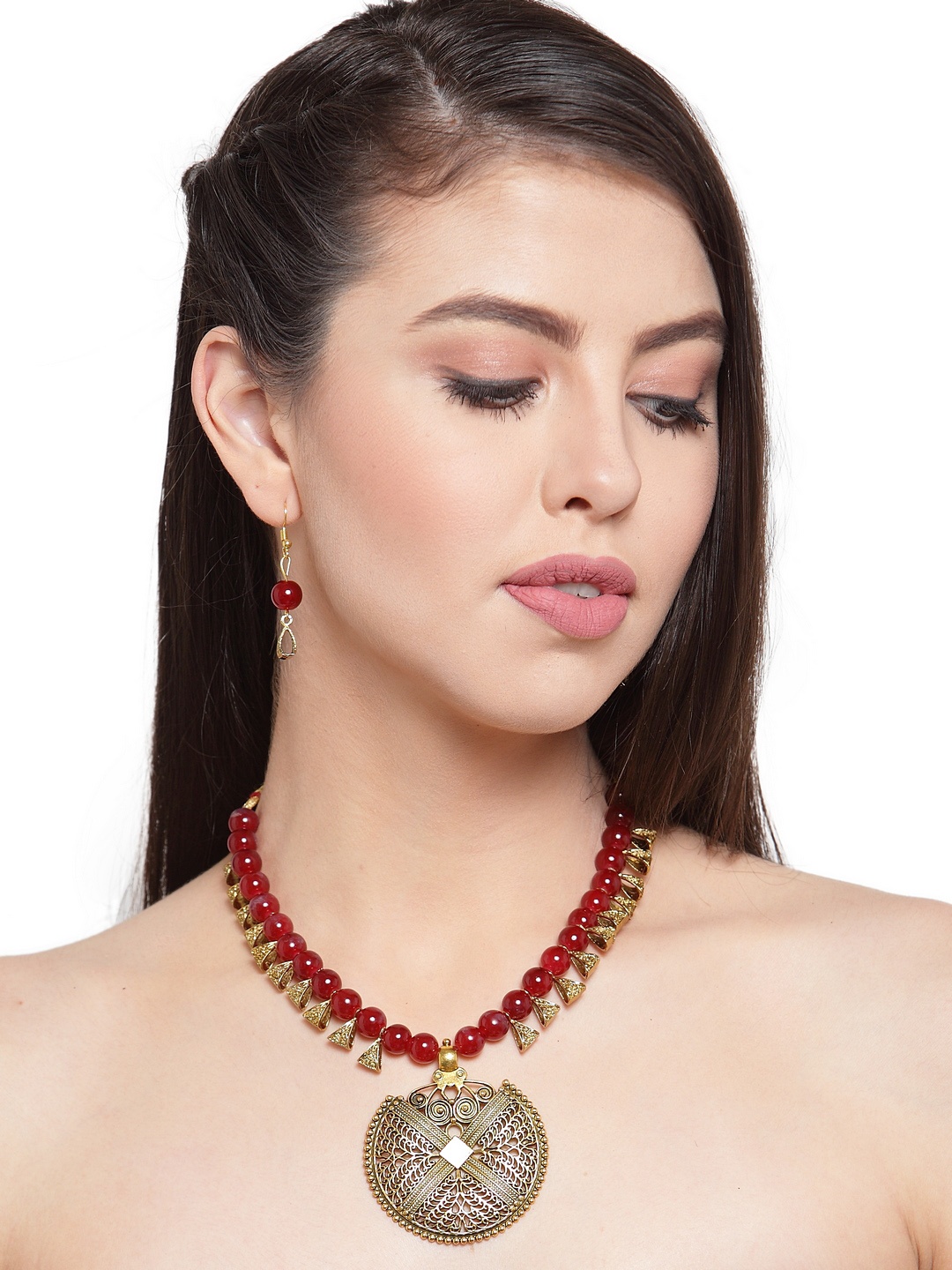 

Shining Diva Women Antique Gold-Plated & Red Beaded Jewellery Set