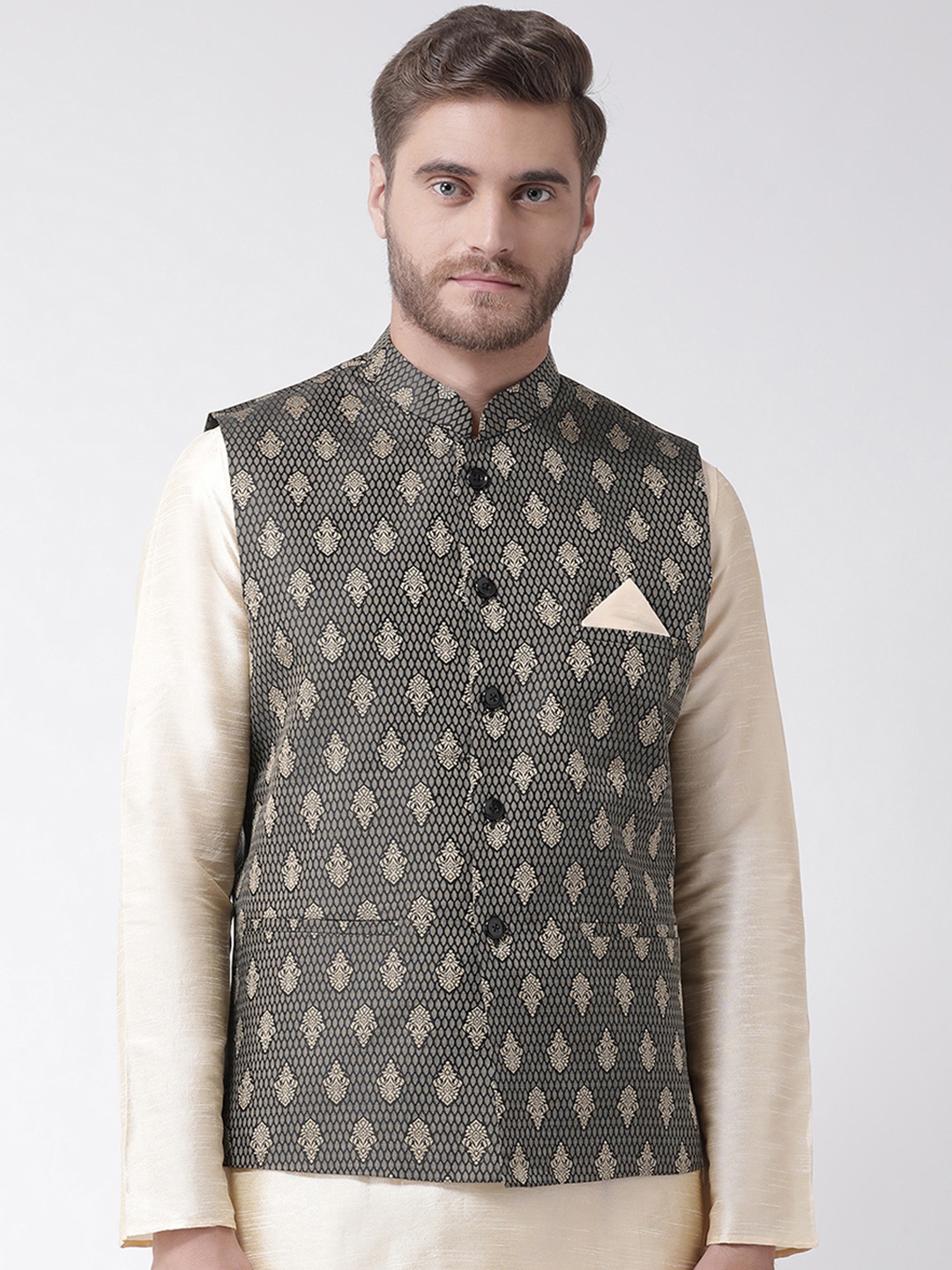 

DEYANN Men Black & Beige Woven Design Nehru Jacket