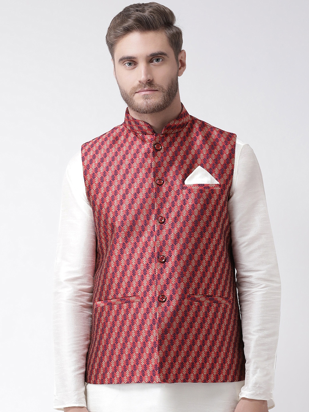

DEYANN Men Red Woven Design Nehru Jacket