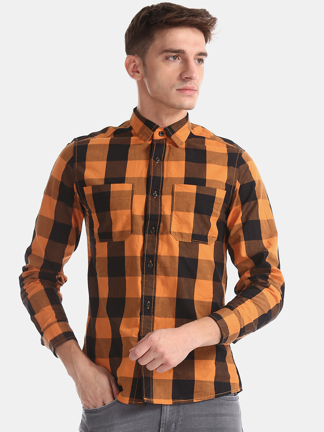

Colt Men Orange Slim Fit Checked Casual Shirt