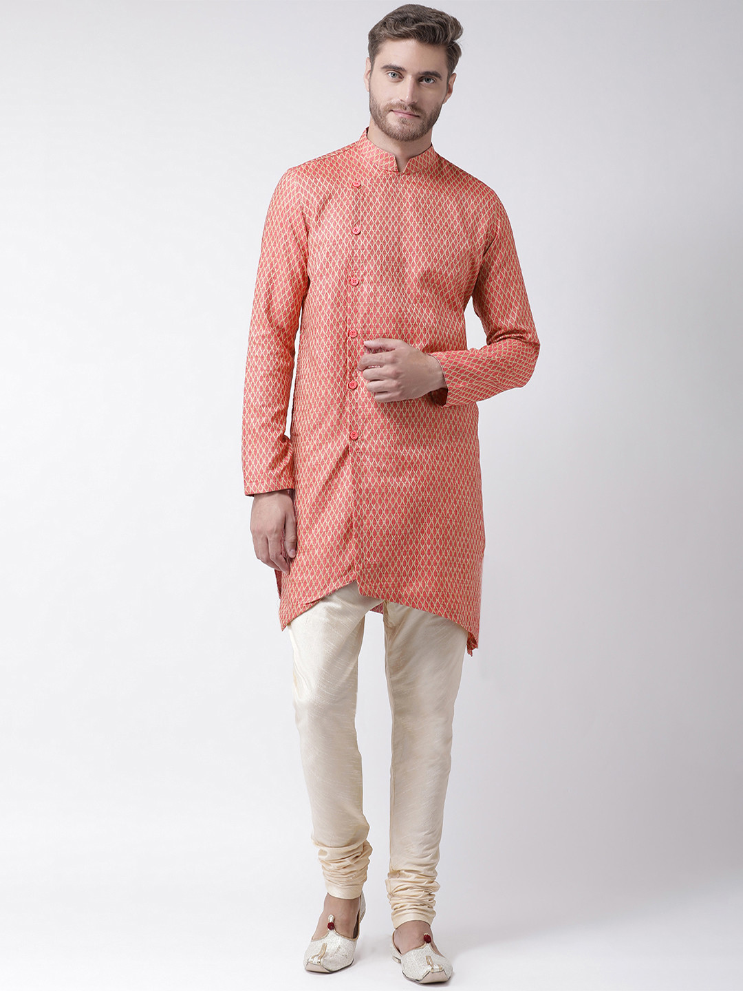

DEYANN Men Pink & Cream-Coloured Self Design Kurta with Churidar
