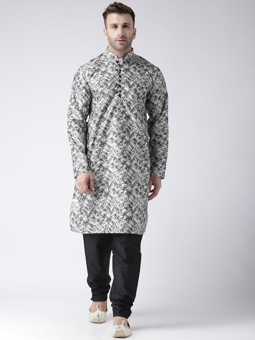 

Hangup Men Black & Grey Art Silk Printed Kurta with Pyjamas