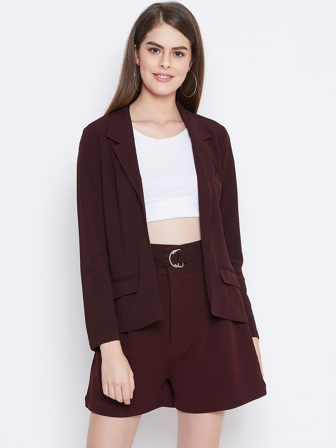 

Zastraa Women Maroon Solid Coat with Shorts