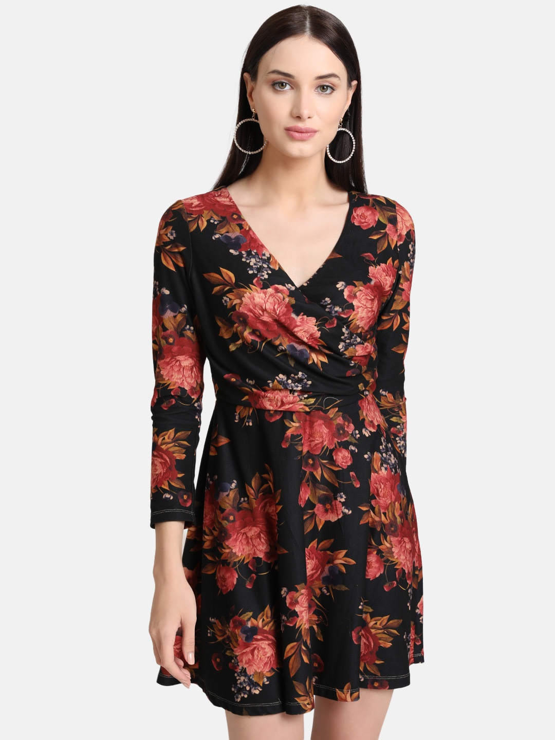 

Kazo Women Black & Red Printed Fit and Flare Dress