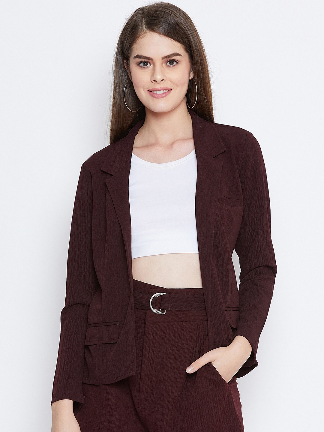 

Zastraa Women Burgundy Self Design Hip-Length Coat