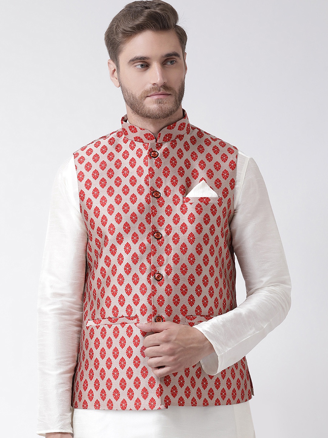 

DEYANN Men Red & Pink Woven Design Nehru Jacket