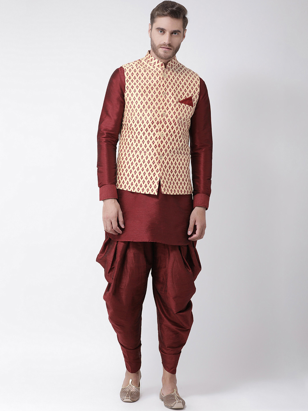 

DEYANN Men Maroon Solid Kurta with Dhoti Pants & Nehru Jacket