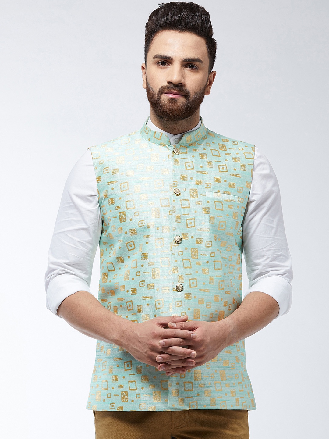

SOJANYA Men Sea Green & Gold Woven Design Nehru Jacket