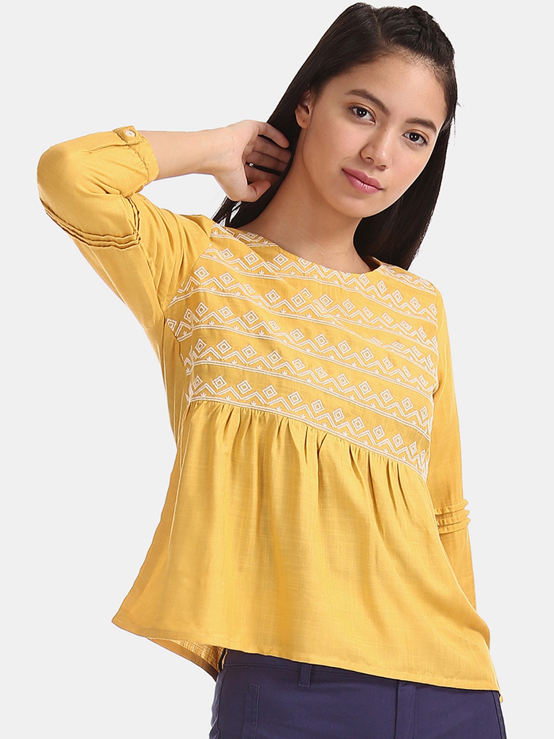

Bronz Women Yellow Printed A-Line Top