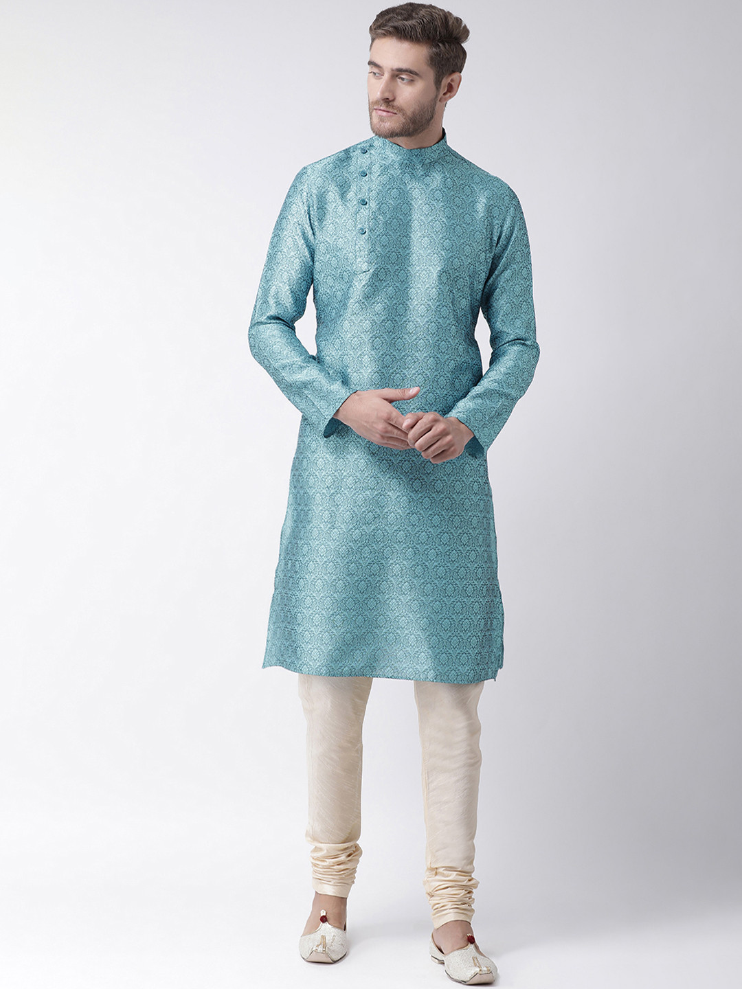 

DEYANN Men Blue & Cream-Coloured Self Design Kurta with Churidar