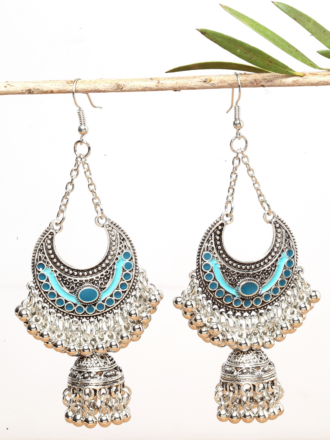 

Shining Diva Fashion Silver-Toned Blue Oxidised Crescent Shaped Drop Earrings