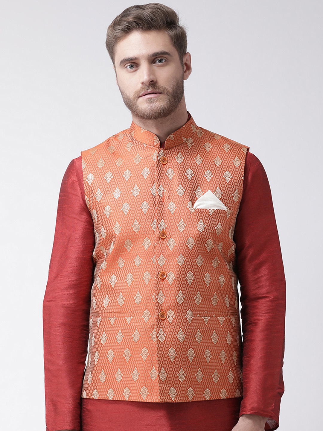 

DEYANN Men Orange & White Woven Design Nehru Jacket