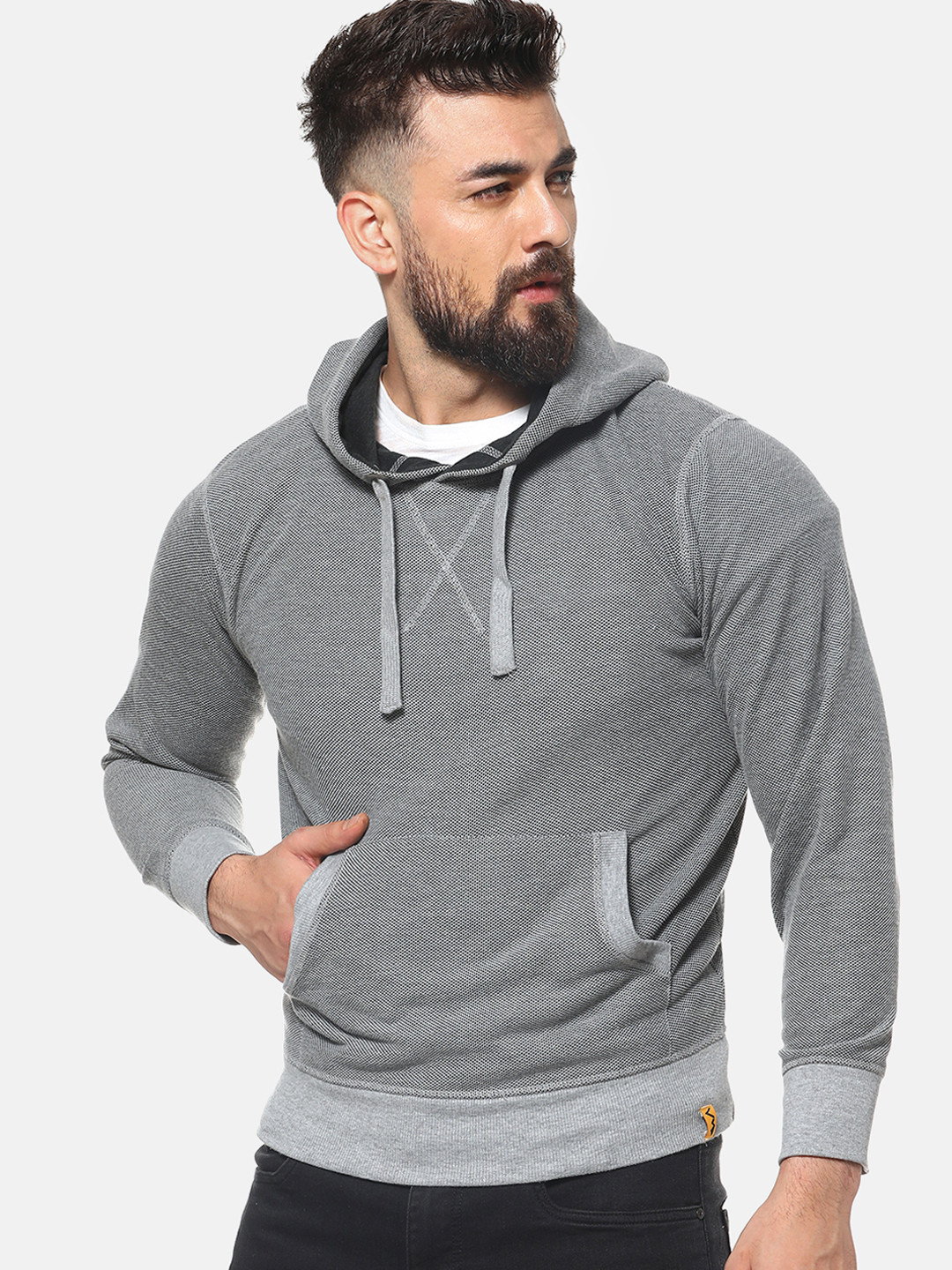 

Campus Sutra Men Grey Solid Hooded Sweatshirt