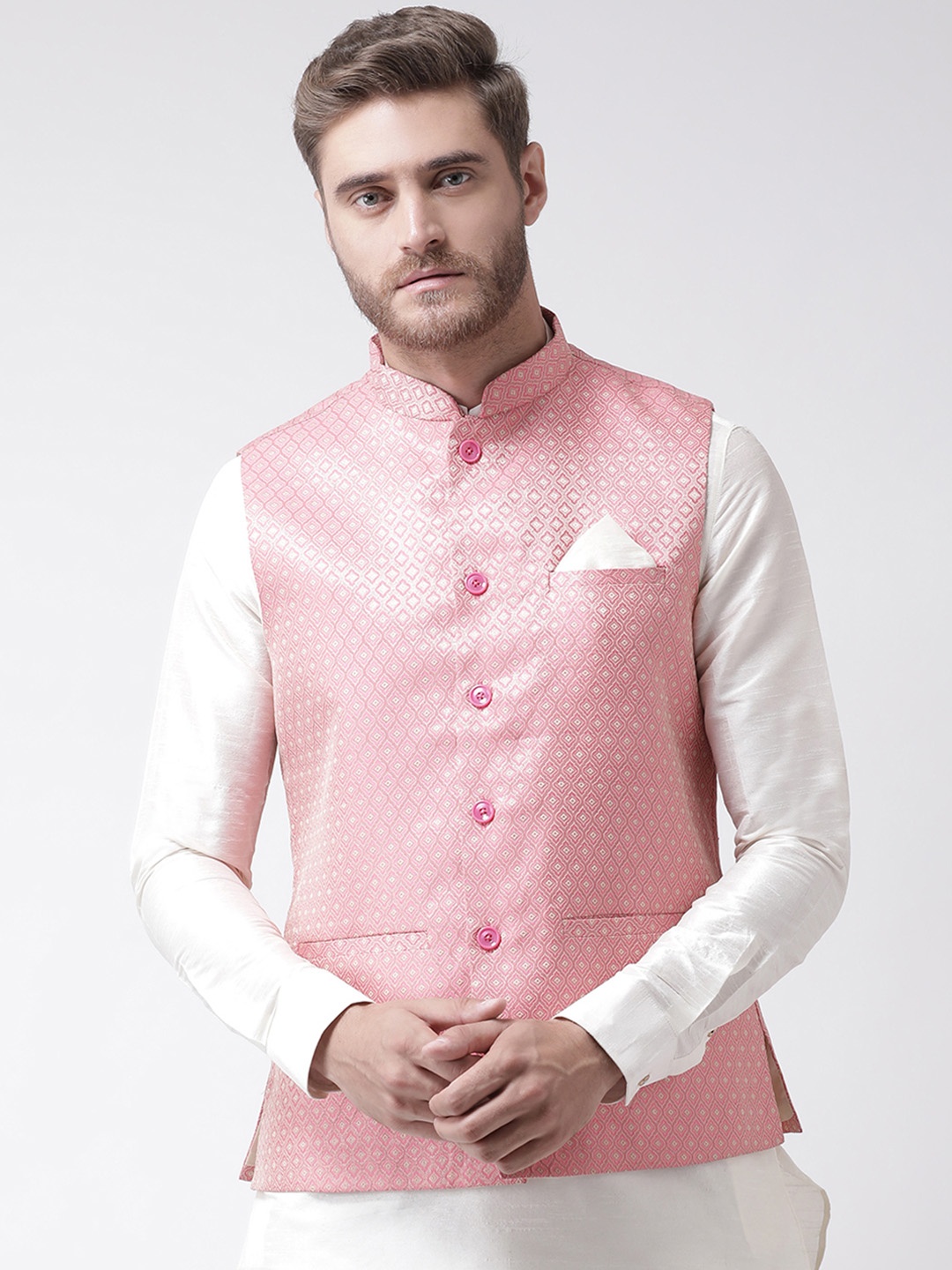 

DEYANN Men Pink Woven Design Nehru Jacket