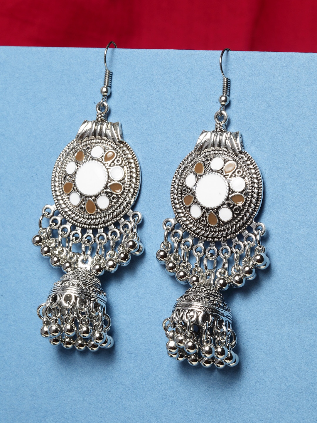 

Shining Diva Fashion Silver-Toned White Oxidised Circular Jhumkas