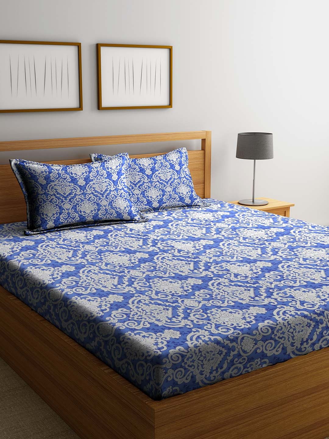 

Cortina Blue Ethnic Motifs 144 TC Cotton 1 Queen Bedsheet with 2 Pillow Covers