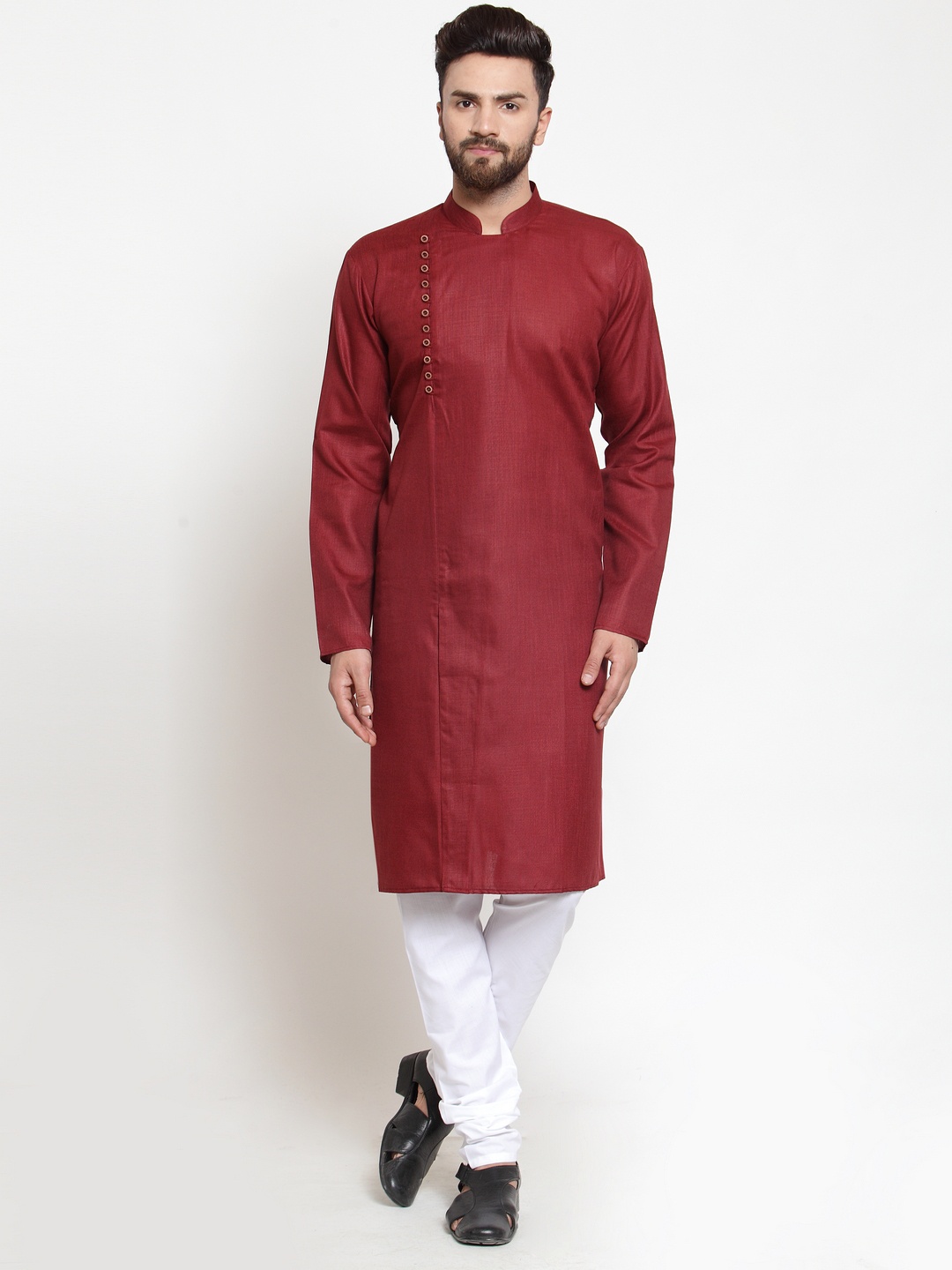 Jompers Men Maroon & White Solid Kurta with Churidar