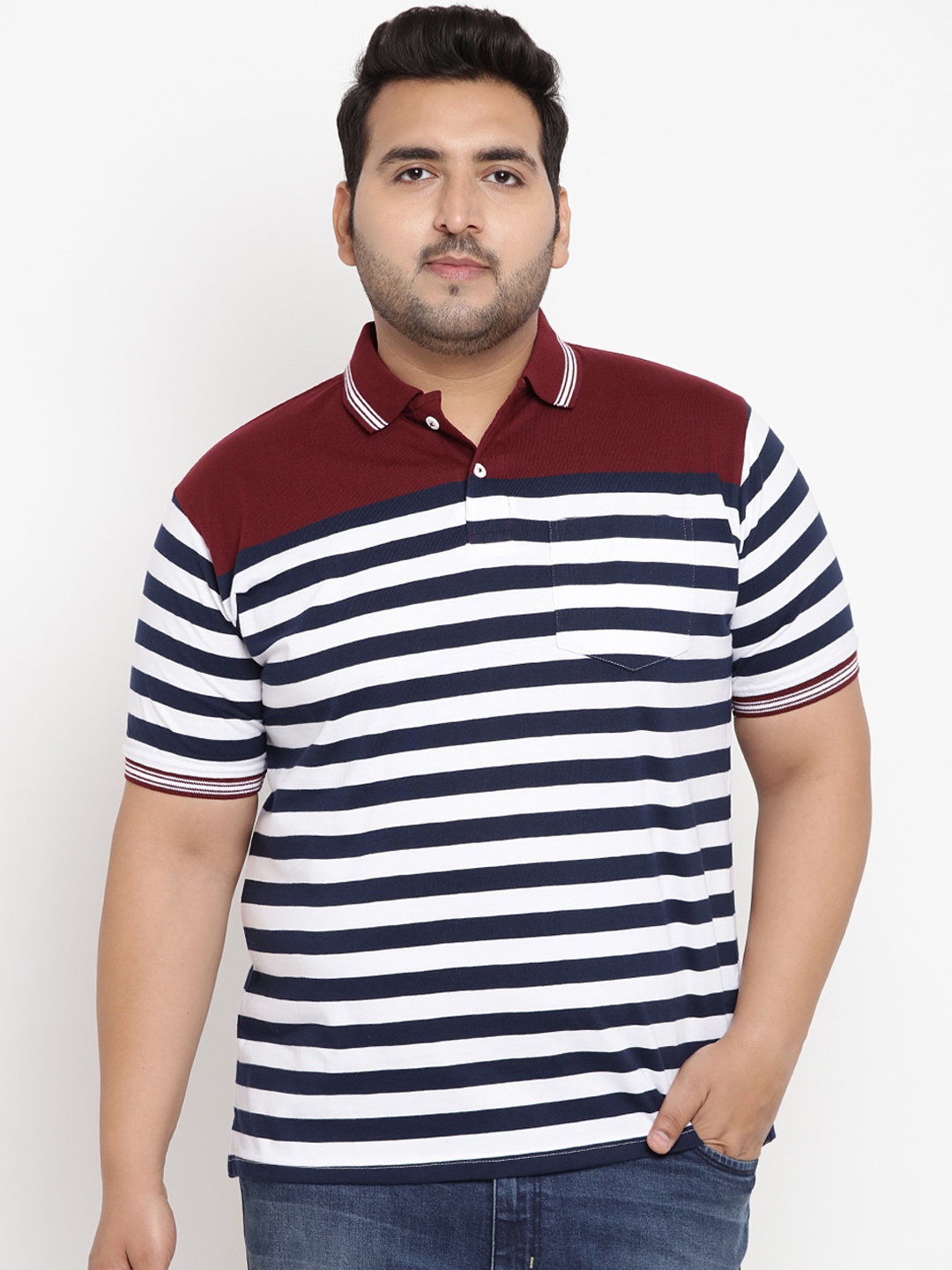 John Pride Plus Size Men Maroon Striped Polo Collar T-shirt