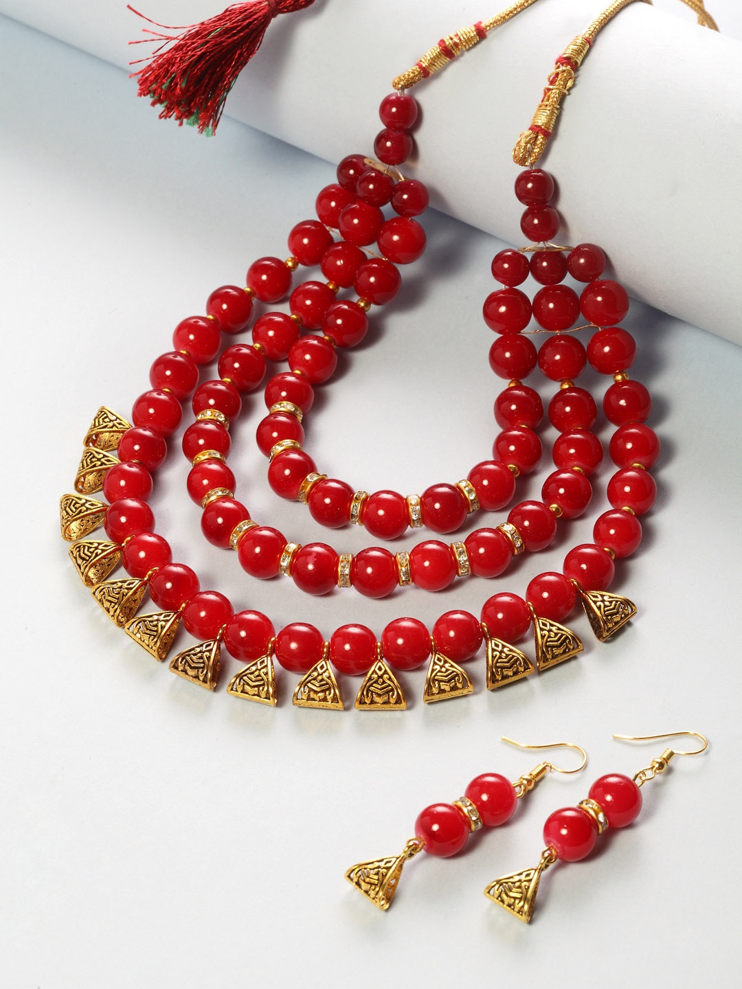 Shining Diva Women Gold-Plated Red Beaded Antique Jewellery Set