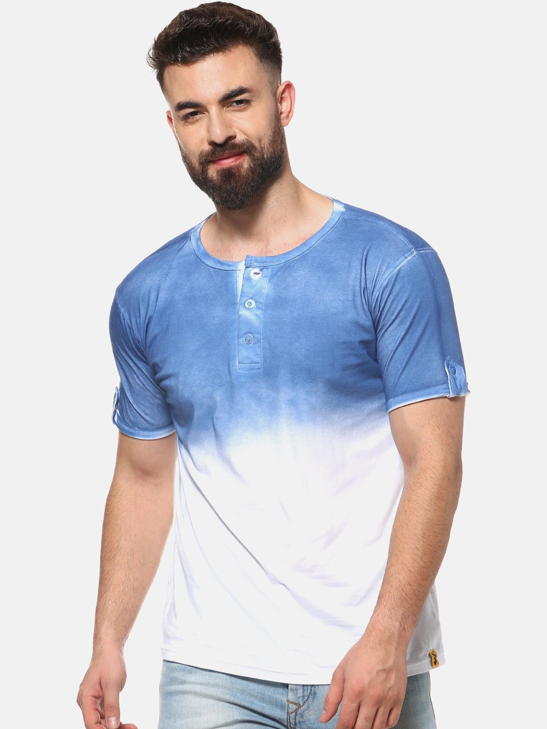 

Campus Sutra Men Blue Dyed Henley Neck T-shirt