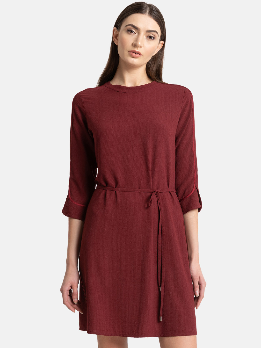 

Kazo Women Solid Maroon A-Line Dress