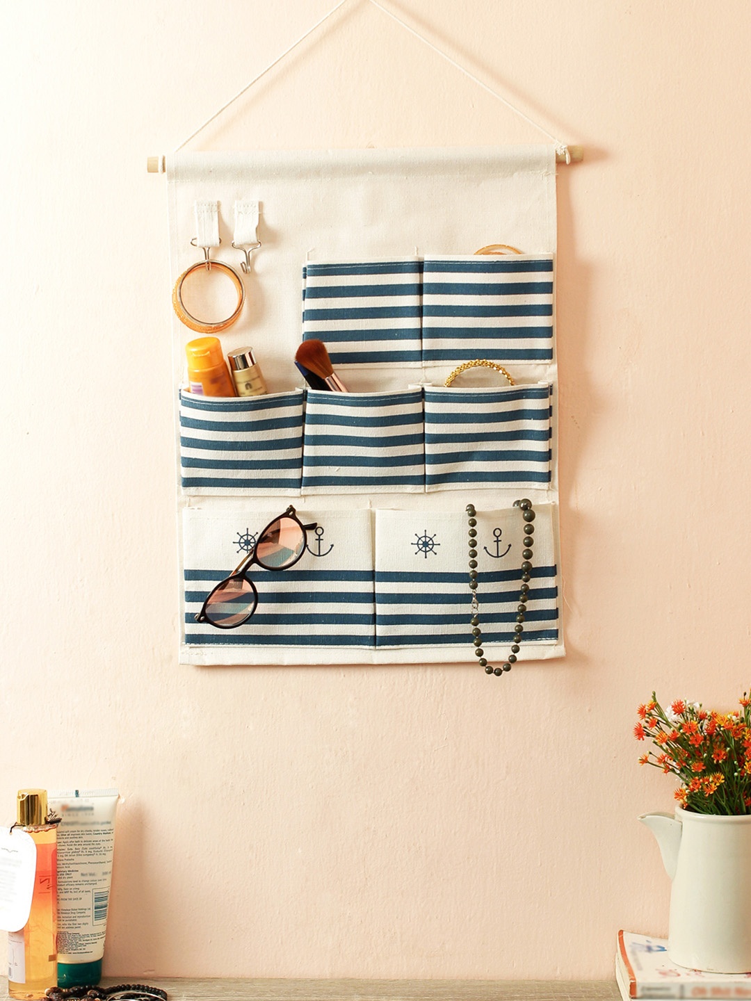 

Cortina Unisex Off White & Blue Striped Handbag Organiser