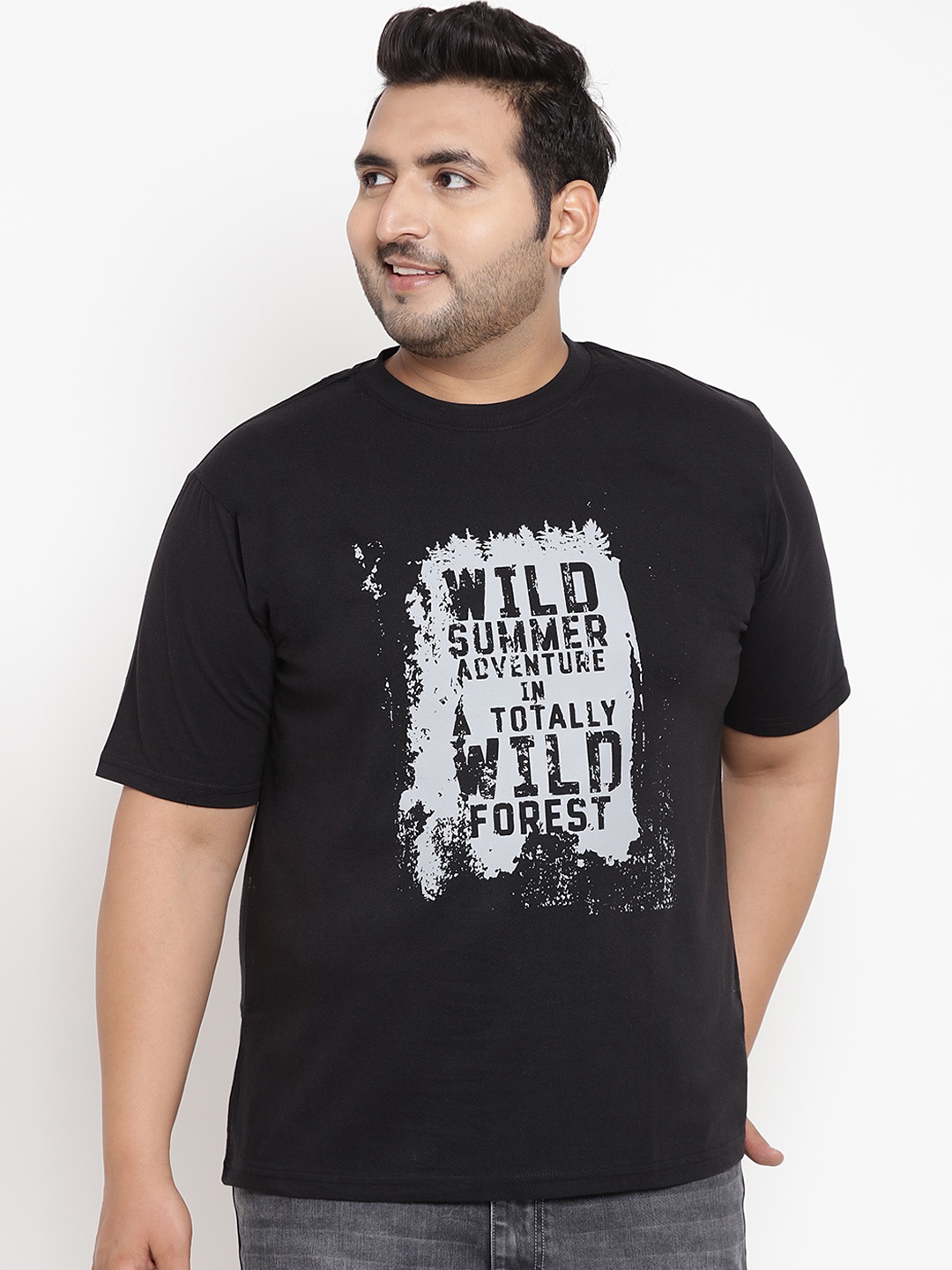 

John Pride Plus Size Men Black Printed Stretchable Round Neck T-shirt