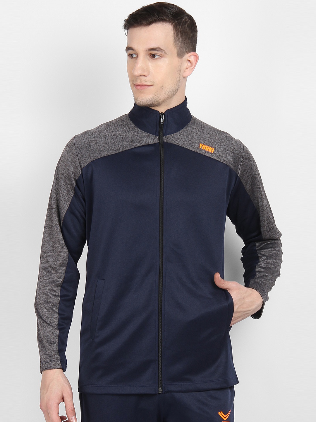 

Yuuki Men Navy Blue & Grey Colourblocked Sporty Jacket