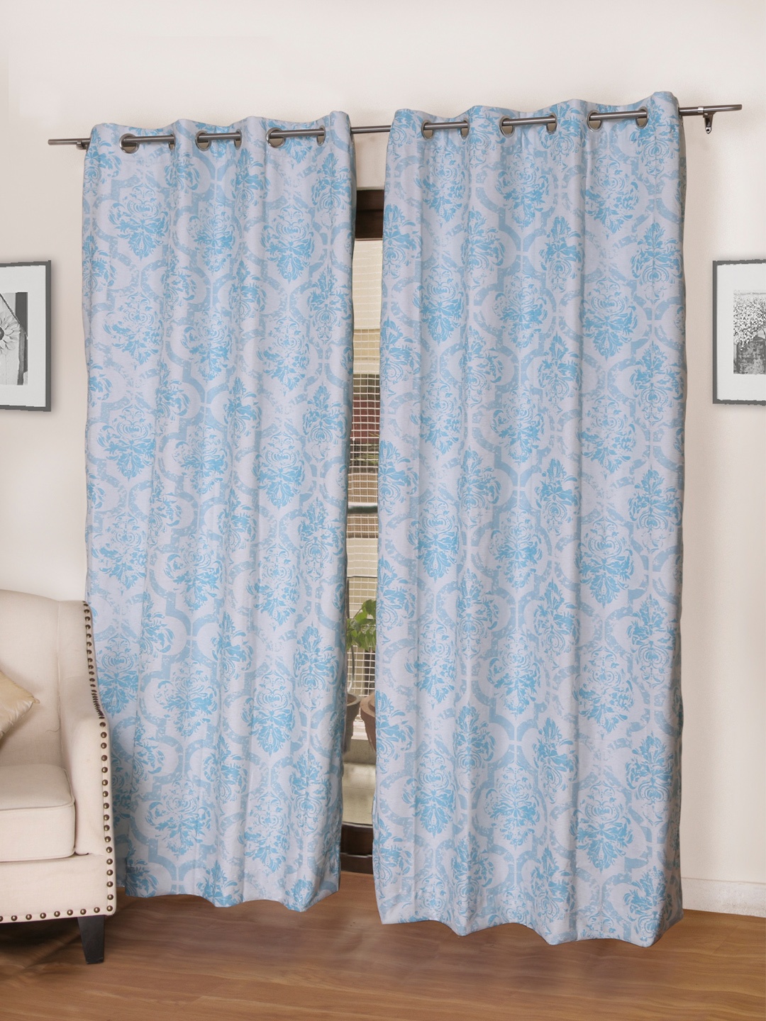 

ROSARA HOME Blue & Grey Set of 2 Ethnic Motifs Room Darkening Door Curtains