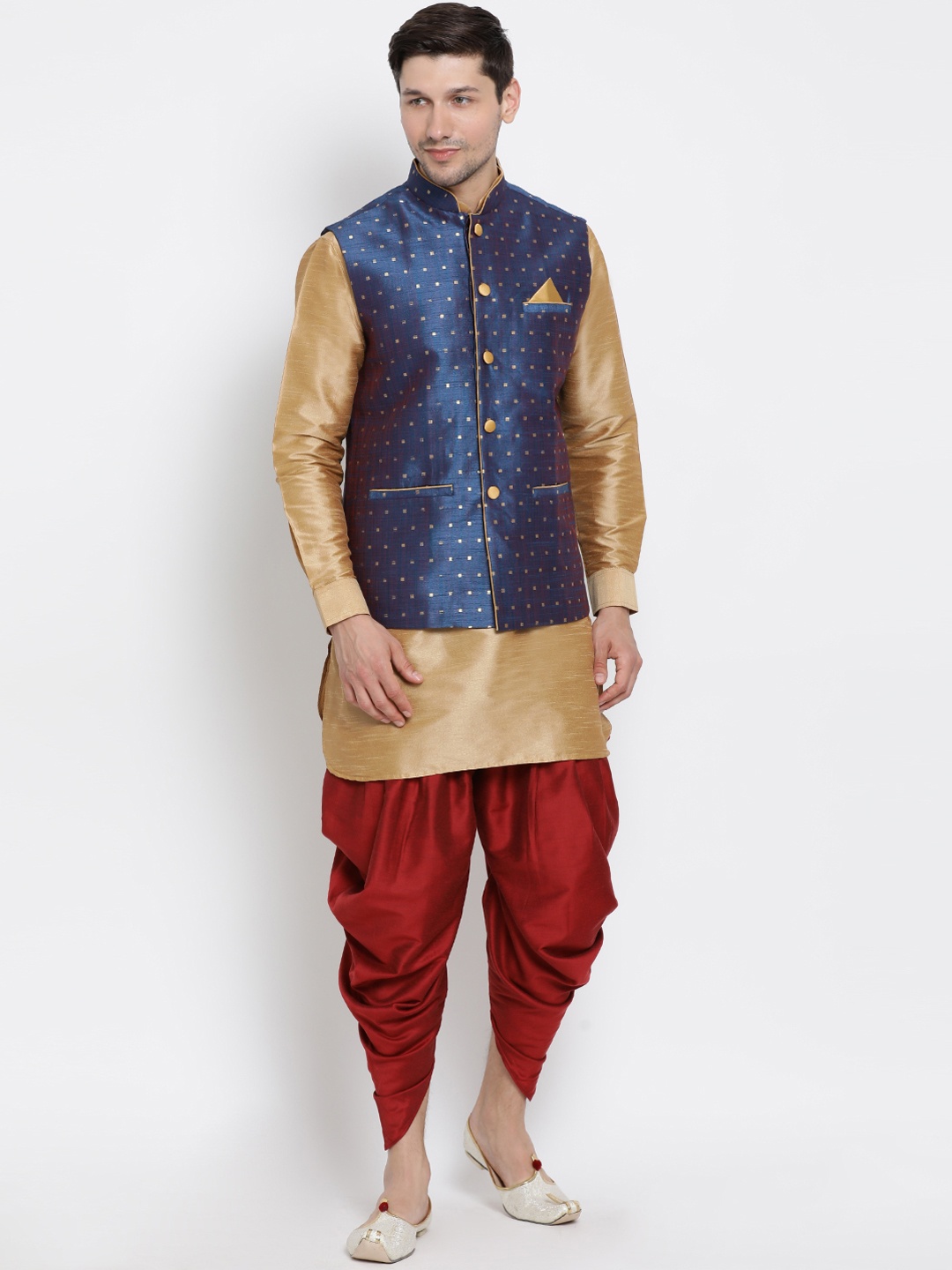 VASTRAMAY Men Gold & Maroon Solid Kurta And Dhoti Pants With Jacket