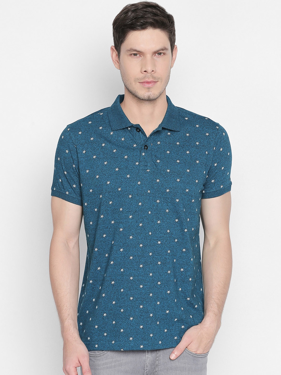 

Basics Men Turquoise Blue Printed Polo Collar T-shirt
