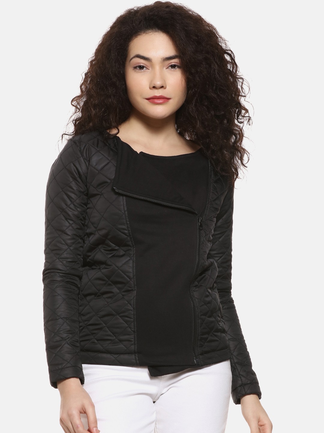 

Campus Sutra Women Black Solid Quilted Jacket