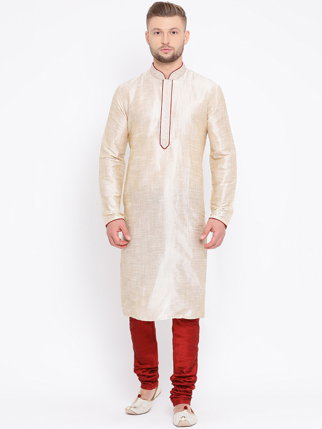 

Sanwara Men Gold-Toned & Maroon Embroidered Kurta with Churidar