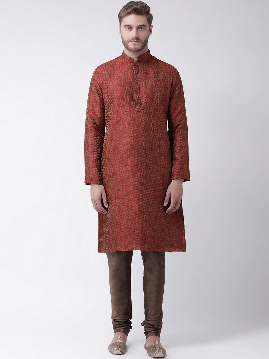 

DEYANN Men Maroon & Brown Self Design Kurta with Churidar