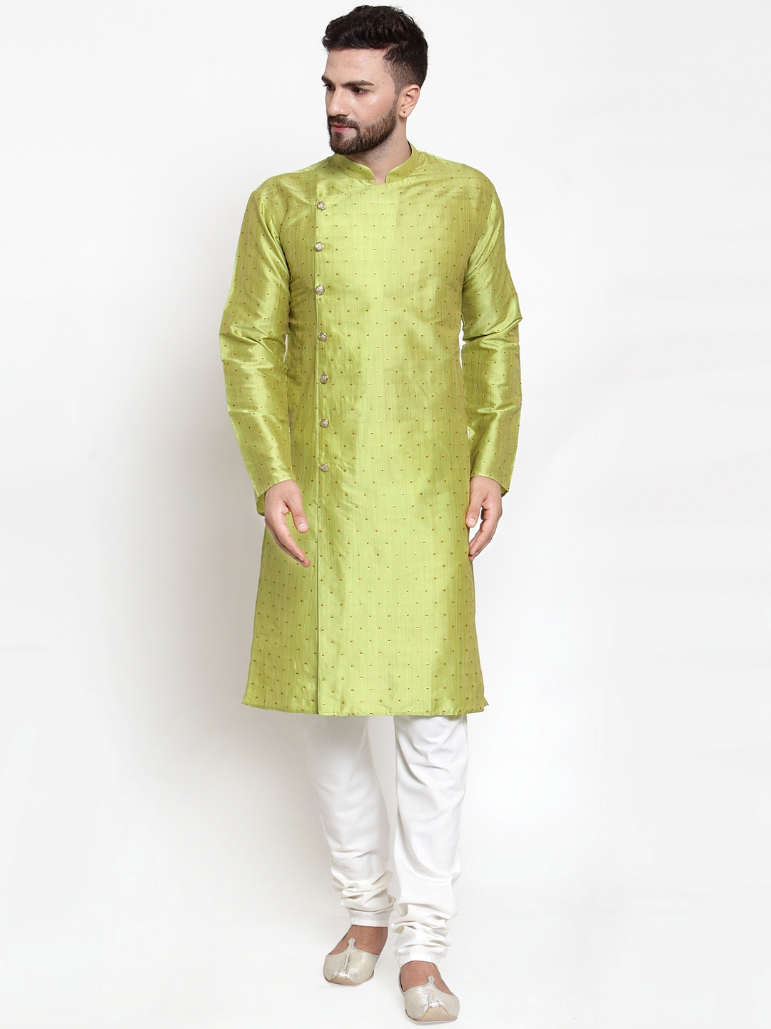

Jompers Men Lime Green & White Self Design Kurta with Churidar
