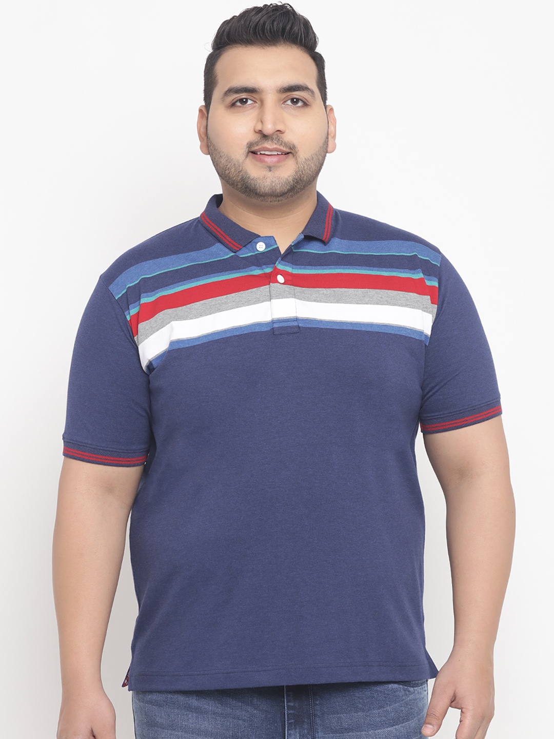 

John Pride Plus Size Men Blue Striped Stretchable Polo Collar T-shirt