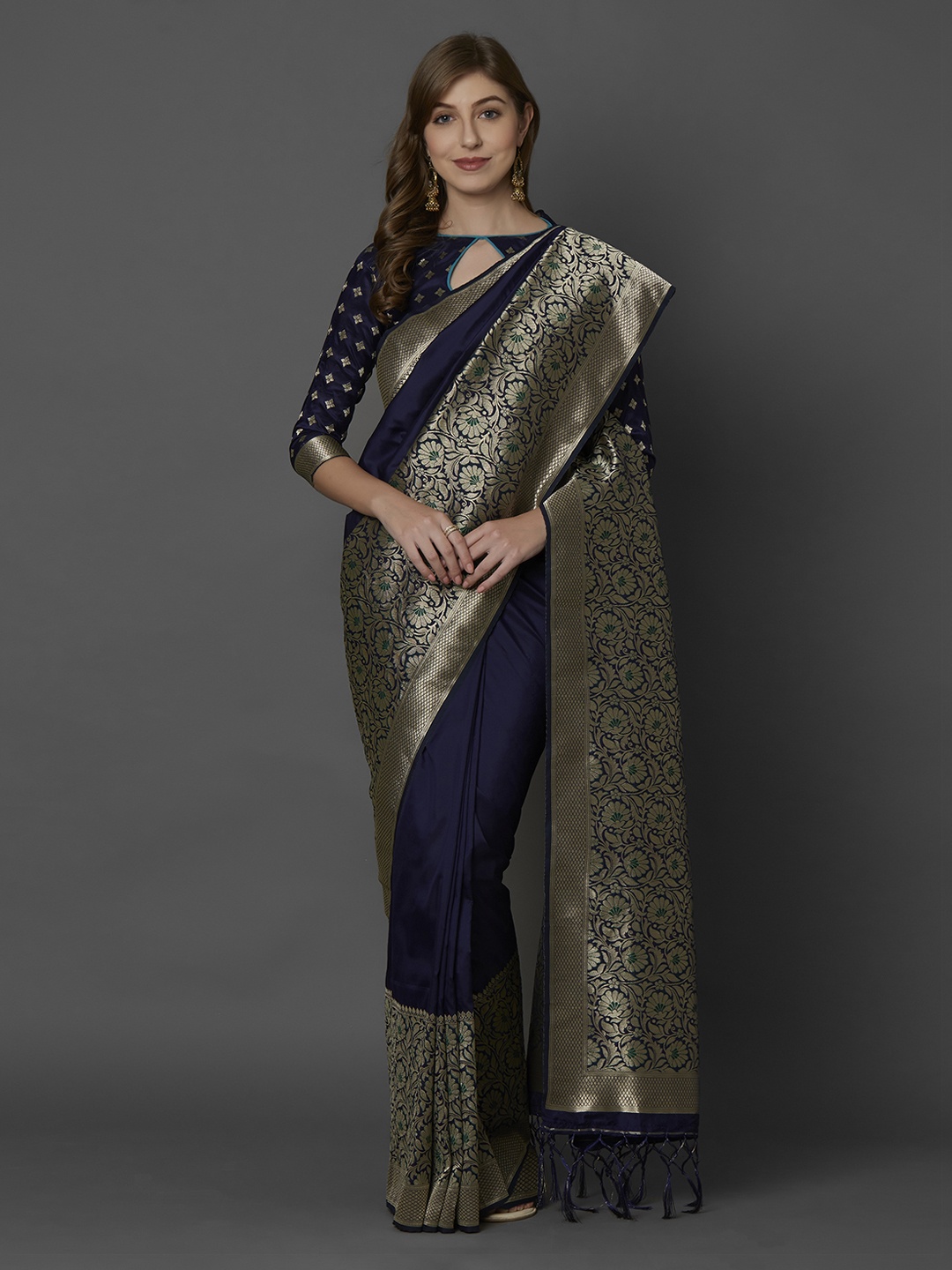 

Mitera Navy Blue Silk Blend Woven Design Kanjeevaram Saree