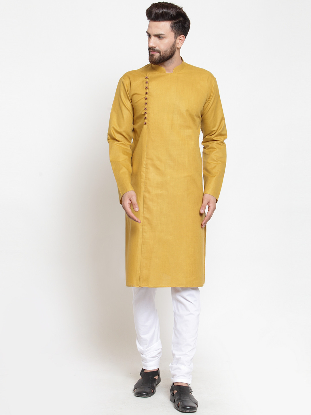 

Jompers Men Mustard Yellow & White Solid Kurta with Churidar