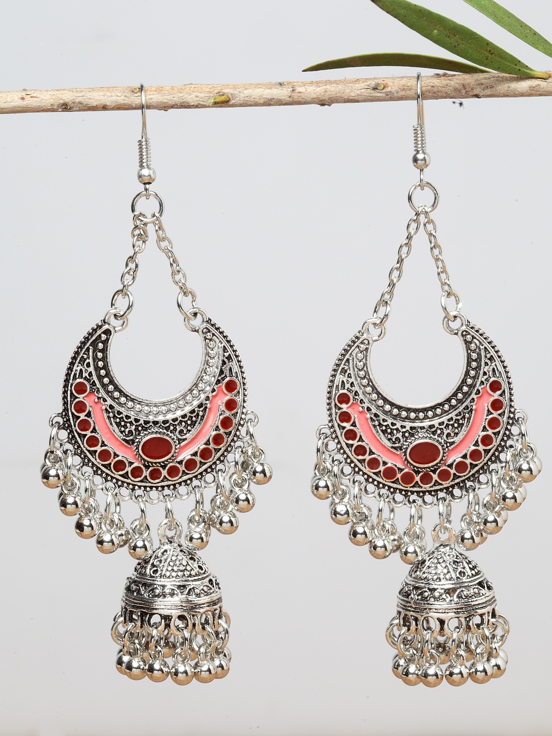 

Shining Diva Fashion Silver-Toned Red Oxidised Crescent Shaped Jhumkas