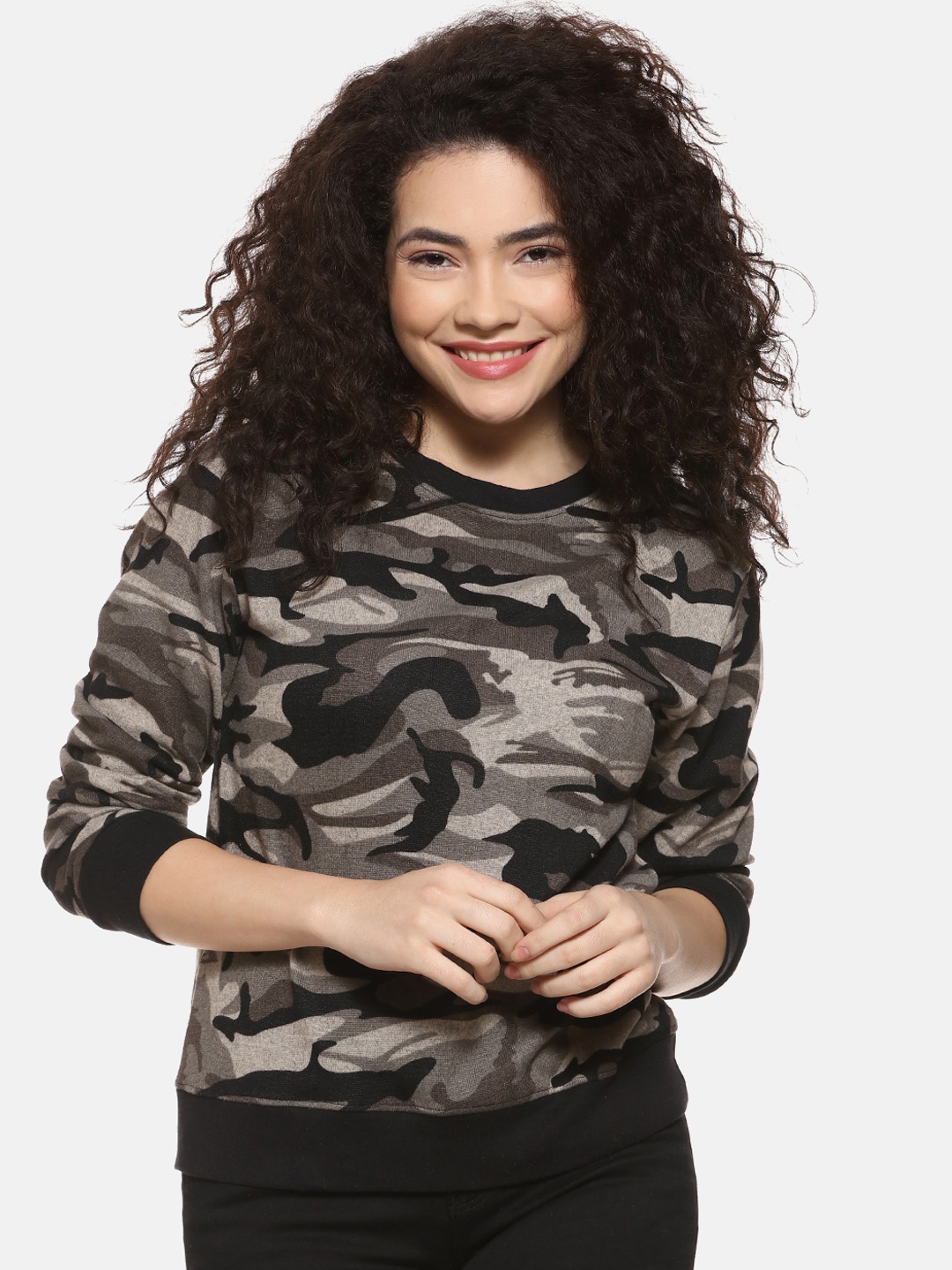 

Campus Sutra Women Beige & Black Camouflage Printed Sweatshirt