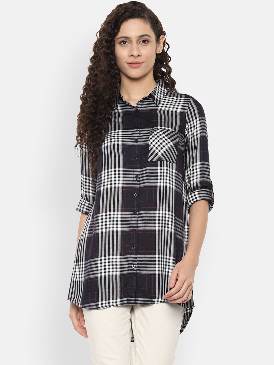 People Women Navy Blue & White Regular Fit Checked Longline Casual Shirt