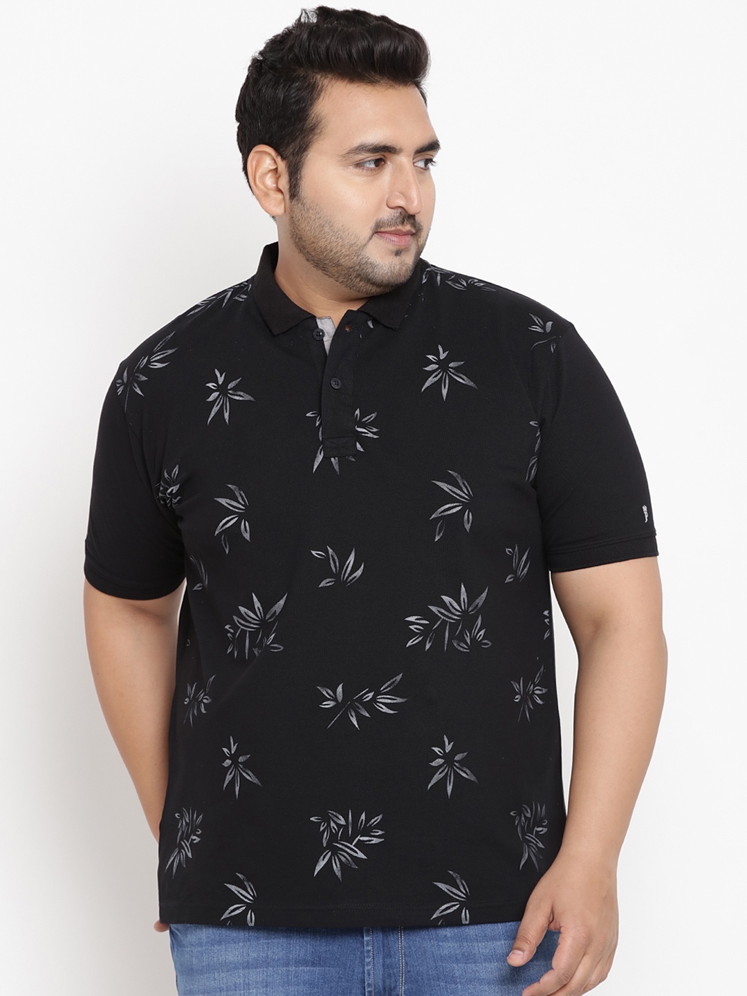 

John Pride Plus Size Men Black Printed Stretchable Polo Collar T-shirt