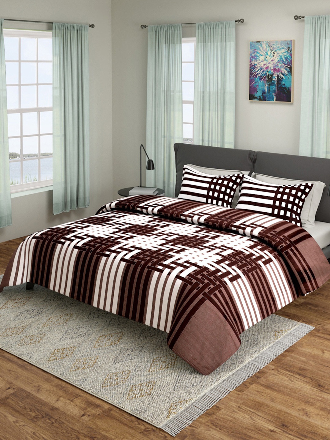 

ROMEE Brown & White Checked Bed Cover With Pillow Covers