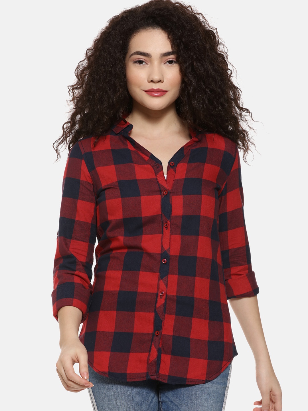 

Campus Sutra Women Red and Black Regular Fit Checked Casual Shirt