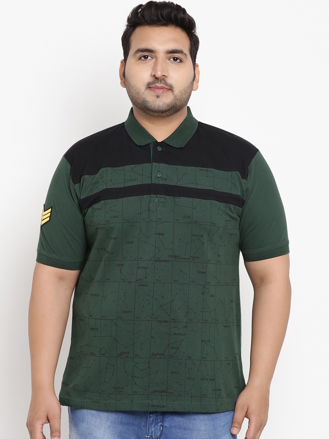 

John Pride Plus Size Men Green Checked Stretchable Polo Collar T-shirt