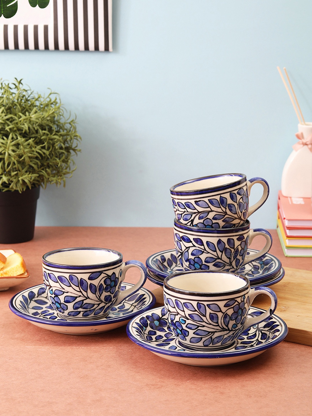 

VarEesha Set of 4 Off-White & Navy Blue 4-Pieces Printed Ceramic Cups and Saucers