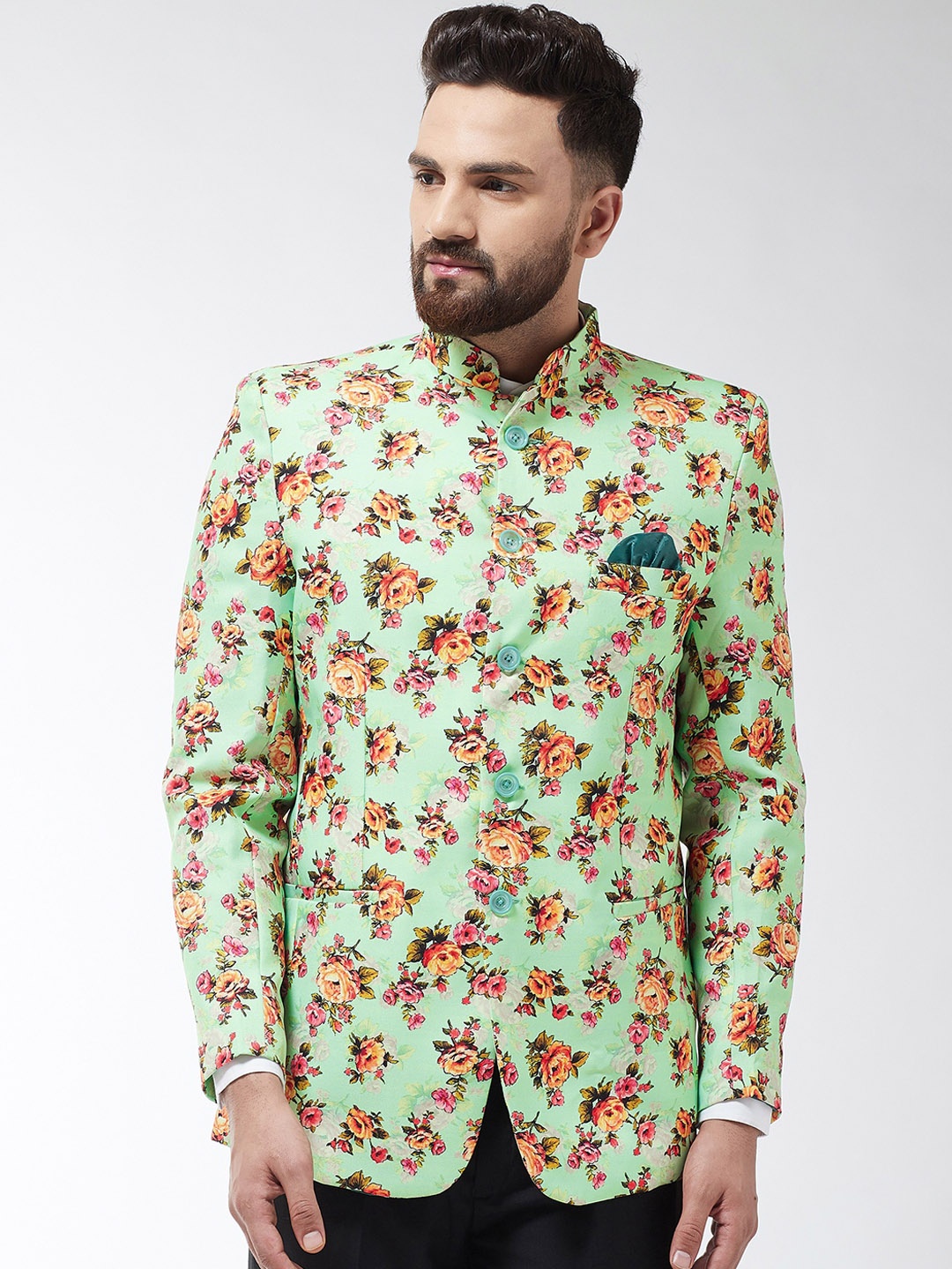 

SOJANYA Men Green & Yellow Printed Bandhgala Blazer