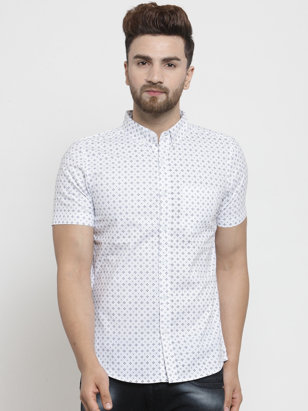 

Purple State Men White Slim Fit Printed Casual Shirt