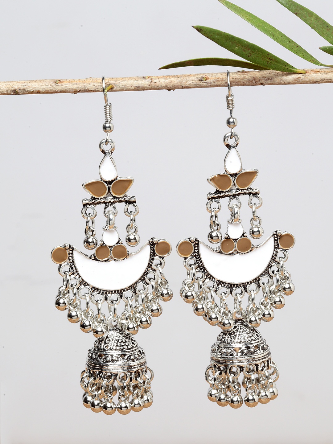 

Shining Diva Fashion Silver-Toned Beige Oxidised Dome Shaped Jhumkas