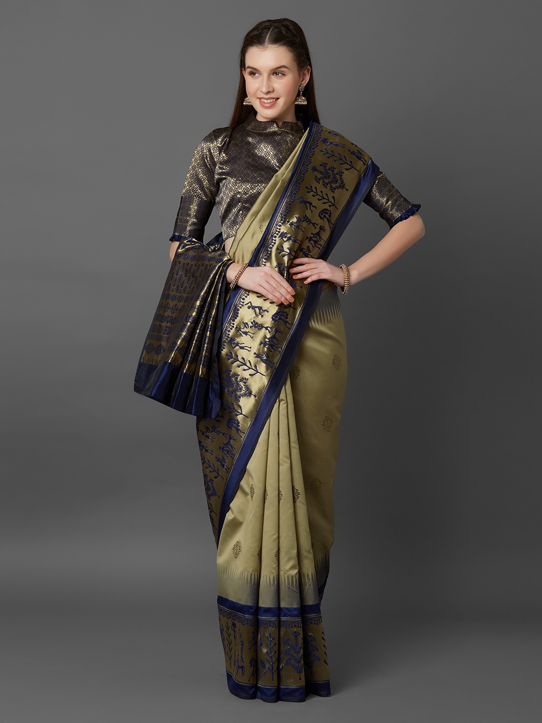Mitera Olive Green Silk Blend Woven Design Banarasi Saree